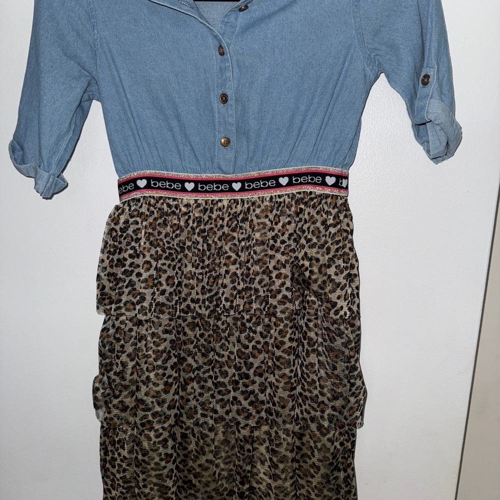 Bebe Girls Blue Denim and Leopard Print Dress
